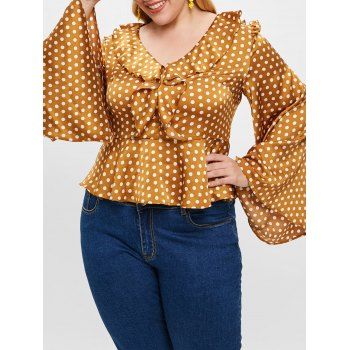 

Polka Dot Plus Size Frilled Blouse, Caramel