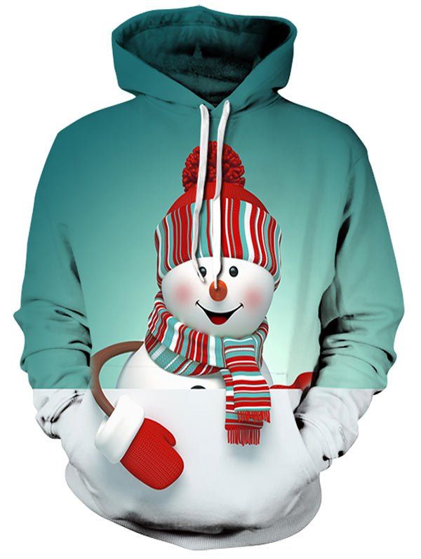 

Kangaroo Pocket Christmas Snowman 3D Print Hoodie, Light sea green