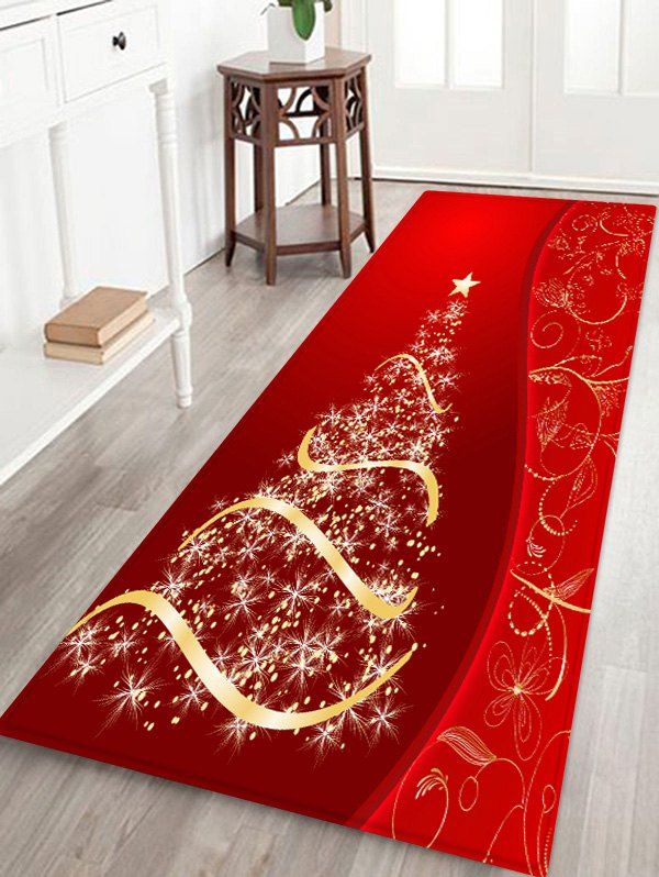 

Christmas Tree and Star Print Water Absorption Area Rug, Lava red