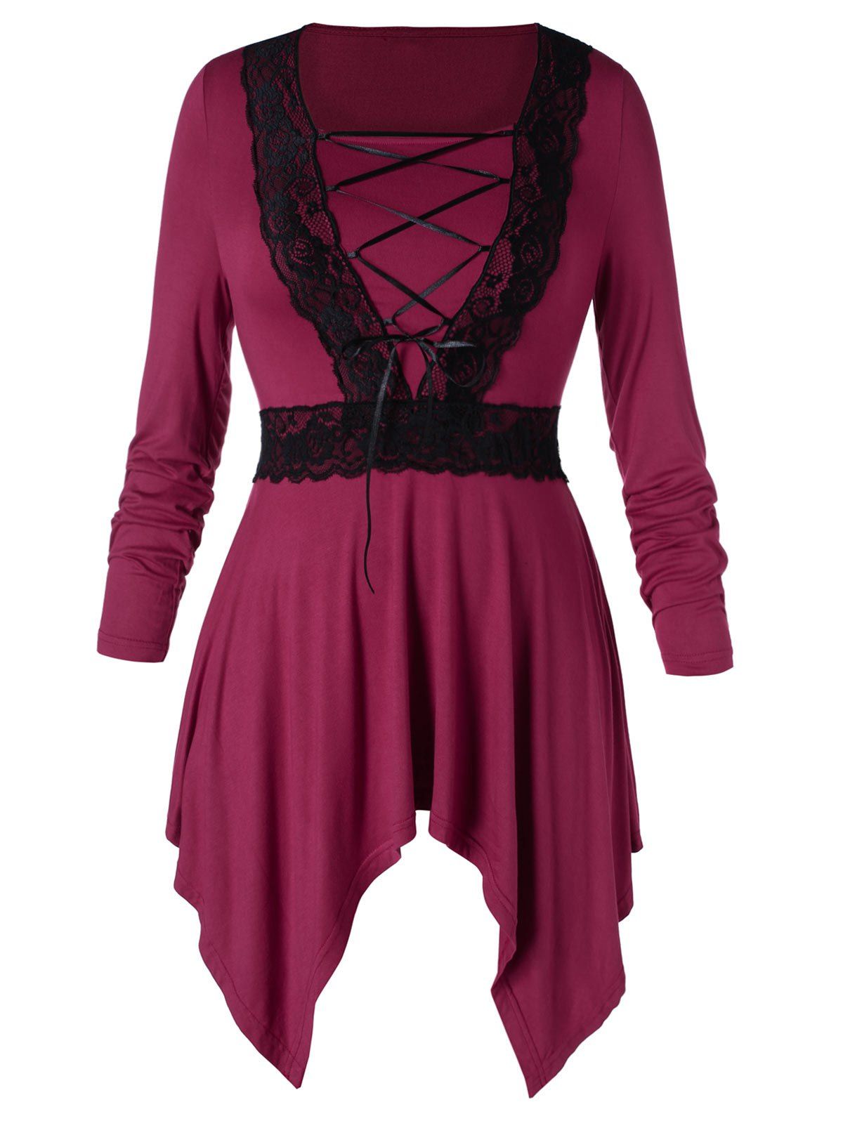 

Plus Size Lace Up Handkerchief Dress, Red wine