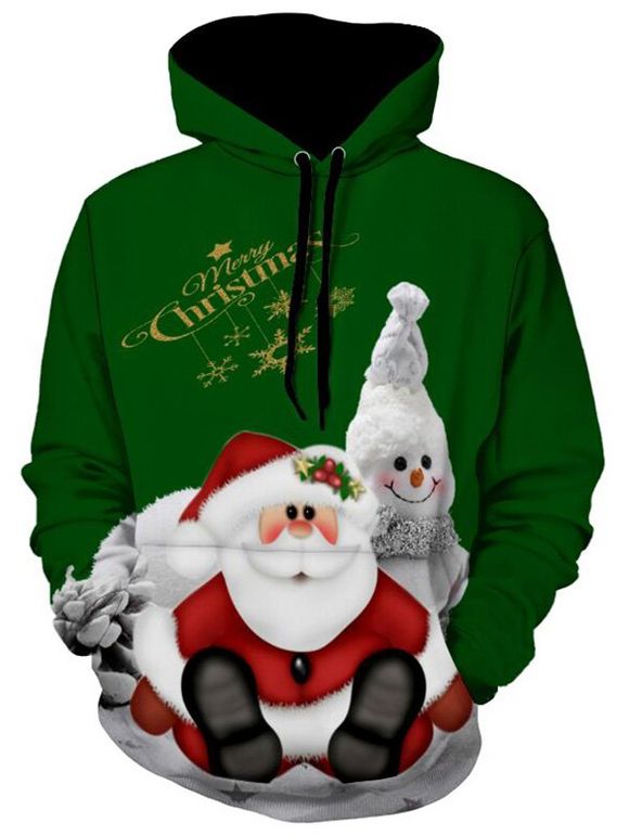 Sweat-Shirt Pullover à Capuche et à Imprimé Bonhomme de Neige de Noël - Vert Pin L