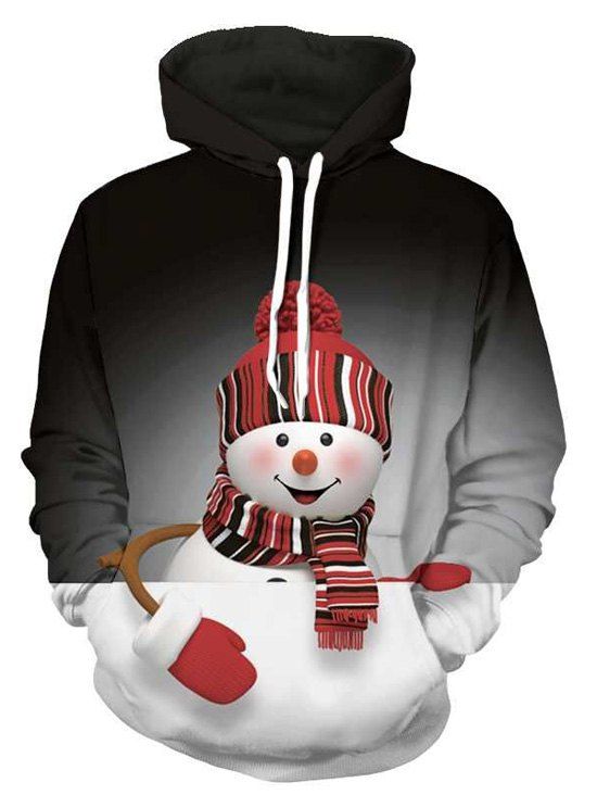 Sweat-Shirt à Capuche avec Imprimé Bonhomme de Neige de Noël 3D et Poche Kangourou - Noir XL