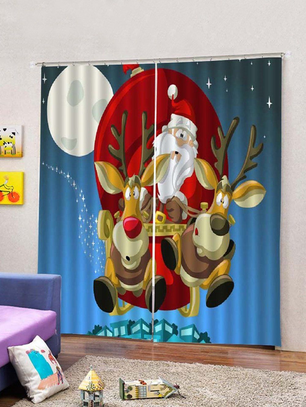 

2 Panels Christmas Santa Claus Elks Print Window Curtains, Multi