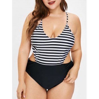 Women Plus Size Criss Cross Striped Swimsuit Beachwear L Black