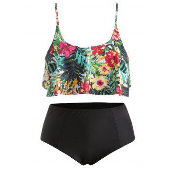 

Plus Size Ruffle Trim Floral Print Bikini Set, Black