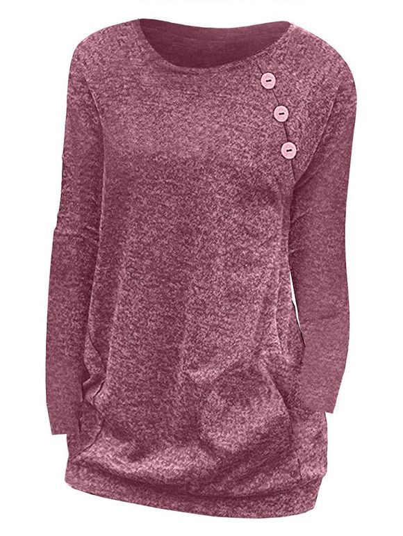 T-shirt Bouton Détaillé de Grande Taille à Manches Longues - Rouge Violet Moyen 5X