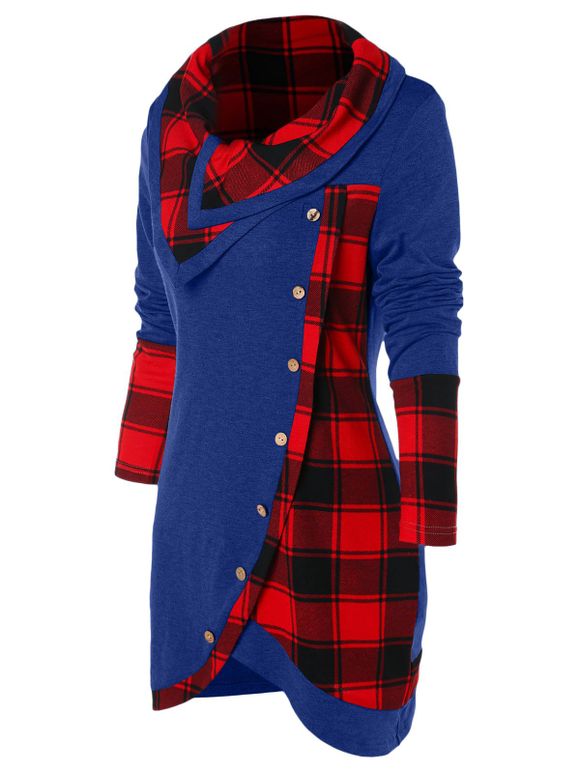 T-shirt Tulipe en Avant Panneau à Tartan à Col Bénitier - Bleu Cobalt L