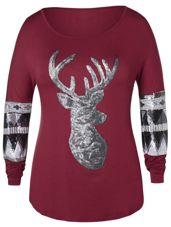 T-shirt Cerf de Noël Pailletté de Grande Taille - Rouge Vineux XL