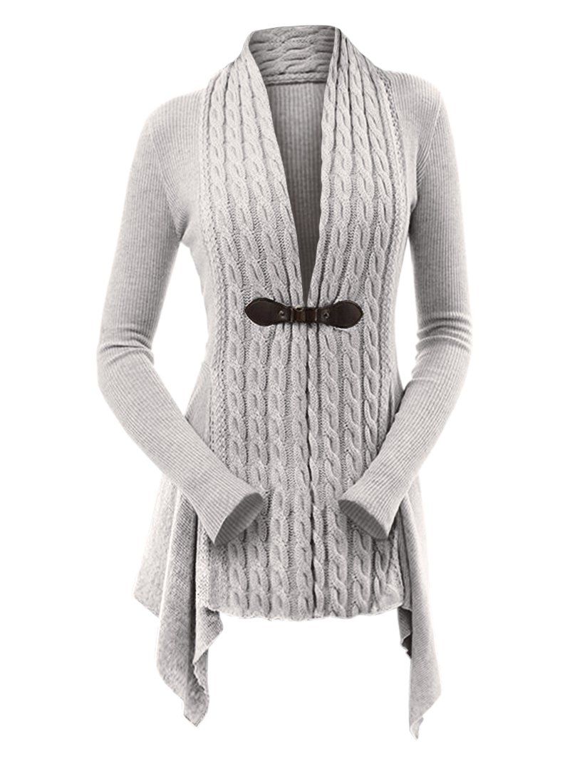 Cable Knit Buckle Asymmetrical Cardigan - LIGHT GRAY M