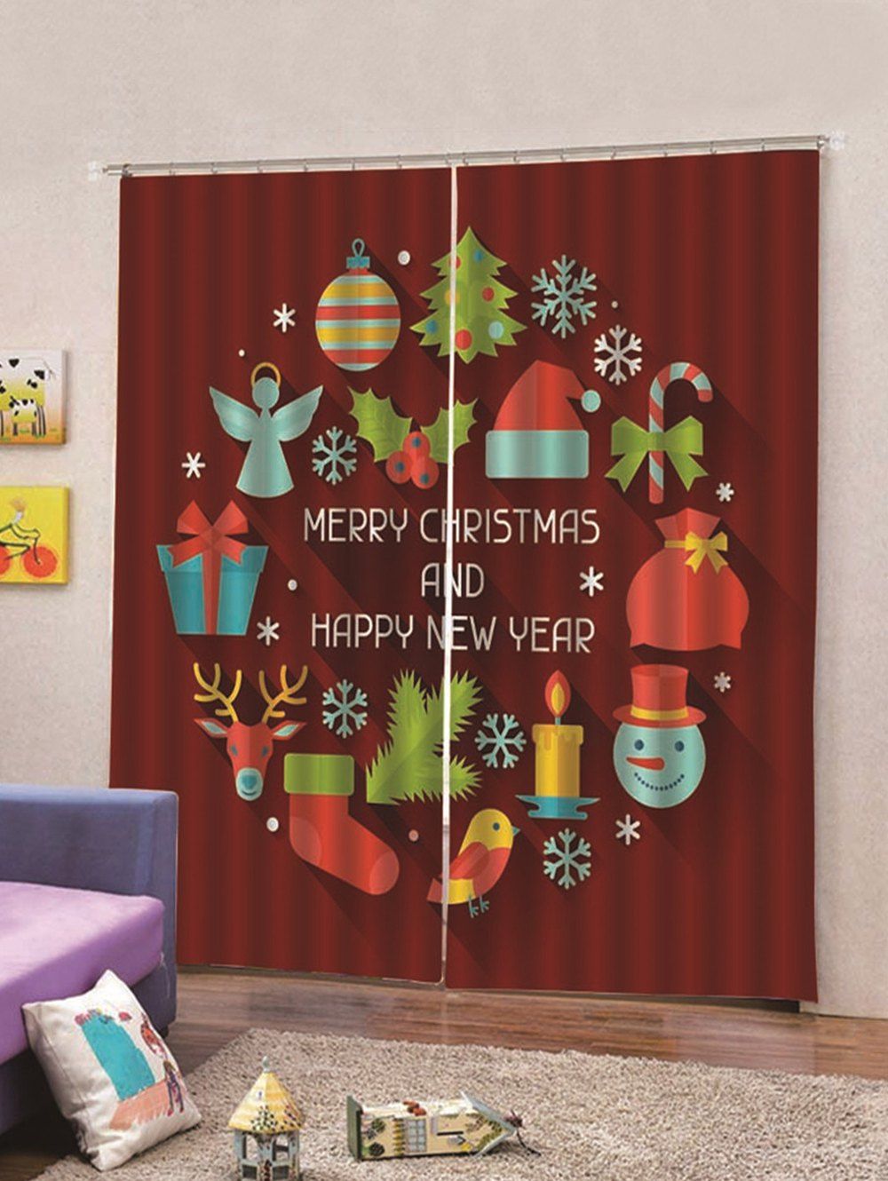 

Christmas Gift Pattern Waterproof 2PCS Window Curtains, Red wine