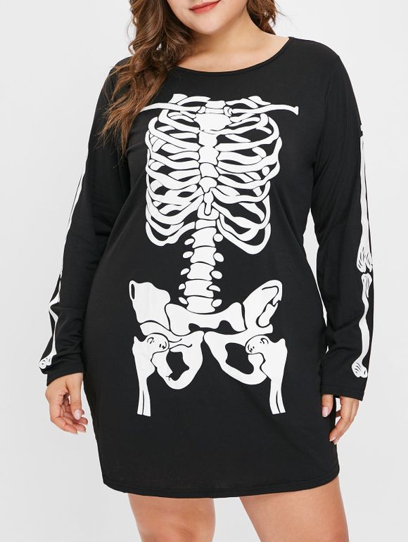 Robe Droite Squelette Imprimée de Gande Taille à Col Rond - Noir 1X
