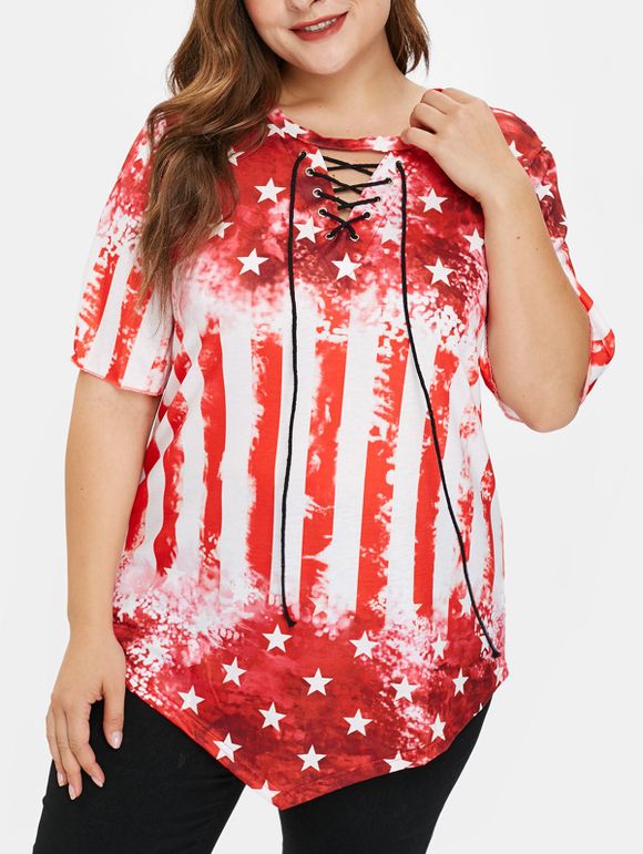 T-shirt Drapeau Américain de Grande Taille à Lacets - Rouge 1X
