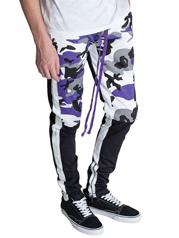 Pantalon de Survêtement avec Patchwork Motif Camouflage Blocs de Couleurs et Fermeture Éclair - Pourpre M