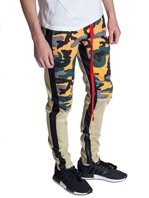 Pantalon de Survêtement avec Patchwork Motif Camouflage Blocs de Couleurs et Fermeture Éclair - Jaune Clair XS