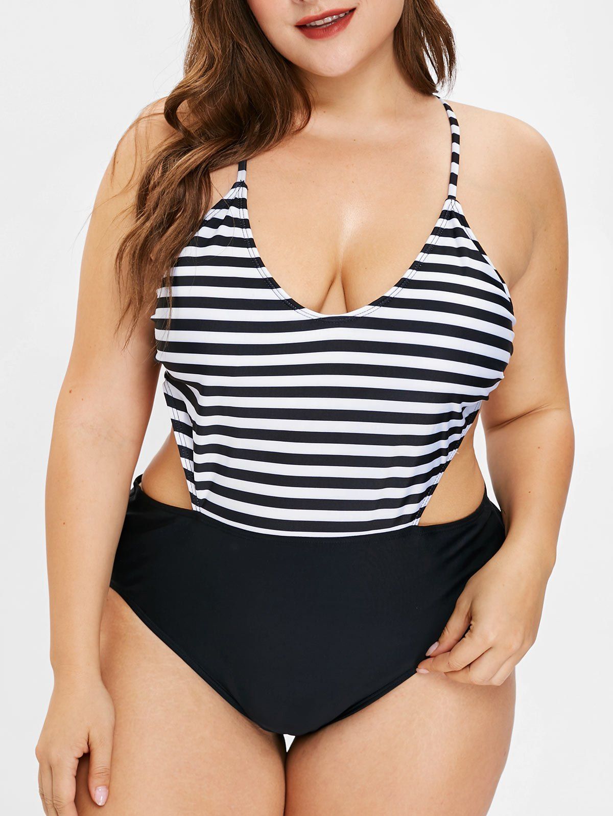 Plus Size Criss Cross Striped Swimsuit - BLACK L