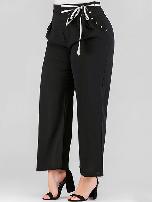 Pantalon Noué à Taille Haute de Grande Taille avec Fausse Perle - Noir 4X