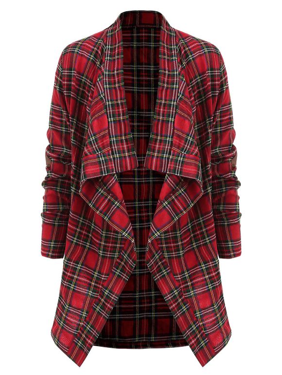 Elbow Patch Waterfall Plaid Shirt - RED M