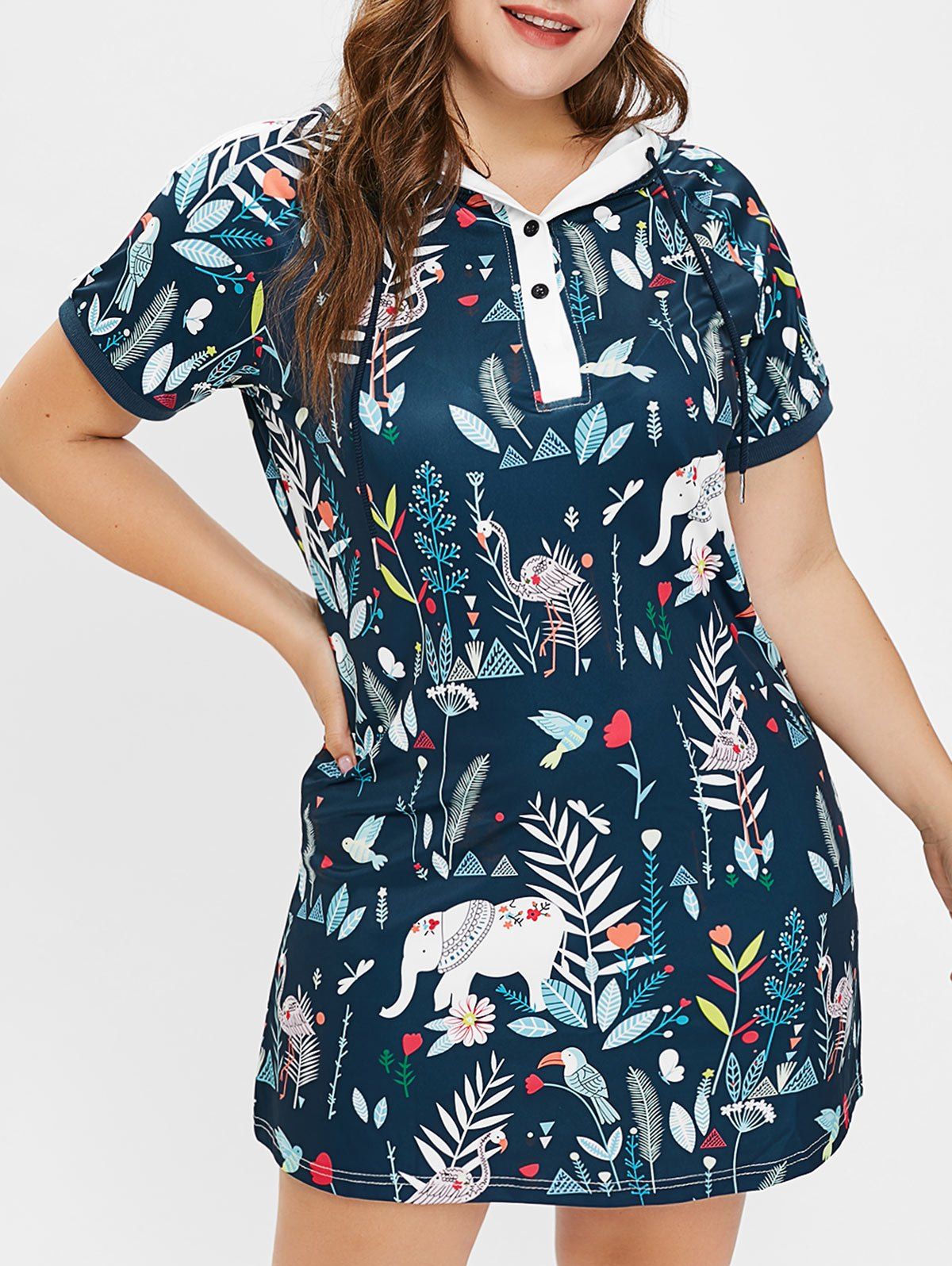 [17 OFF] 2020 Plus Size Elephant Print Hooded Dress In DARK SLATE BLUE