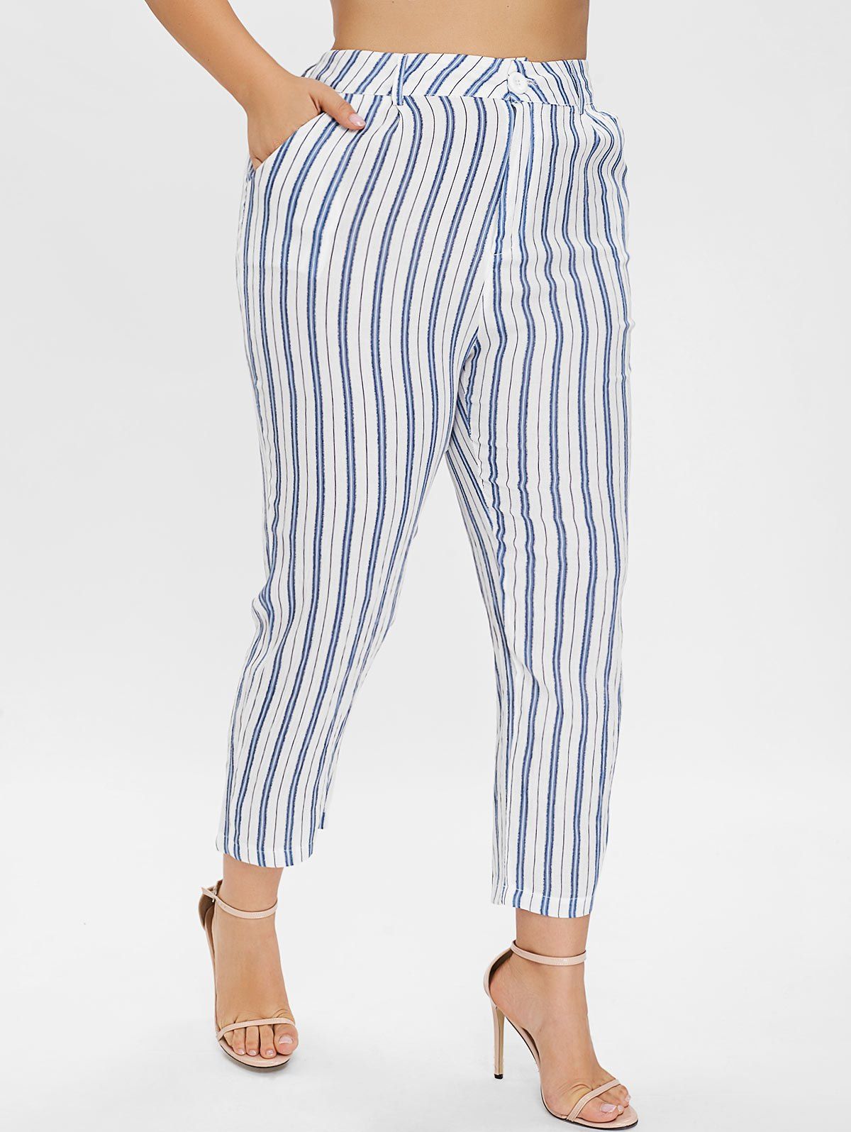 [17% OFF] 2021 Plus Size Button Detail Striped Pants In SEA BLUE ...