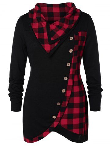 Plus Size Skew Button Plaid Spliced T-shirt