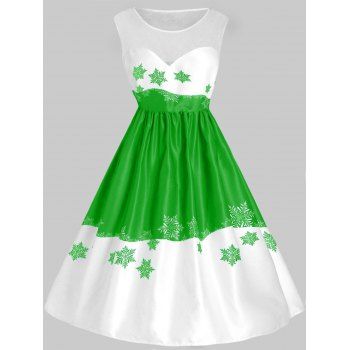 

Plus Size Mesh Panel Snowflake Christmas Vintage Dress, Green