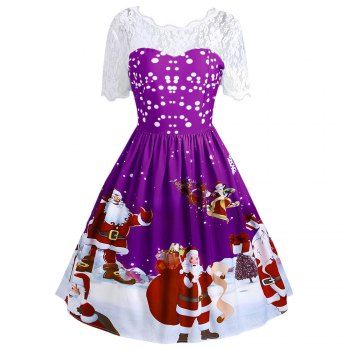[34% OFF] 2024 Vintage Christmas Santa Claus Print Lace Insert Dress In ...
