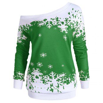 

Plus Size Skew Neck Christmas Snowflake Sweatshirt, Green