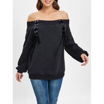 

Lace Up Off Shoulder Sweatshirt, Dark slate grey