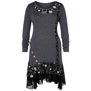 

Plus Size High Low Hem Floral Splicing T-shirt, Gray