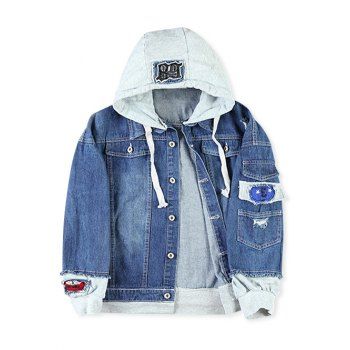 

Letter Number Applique Embellished Distressed Hooded Jacket, Deep blue