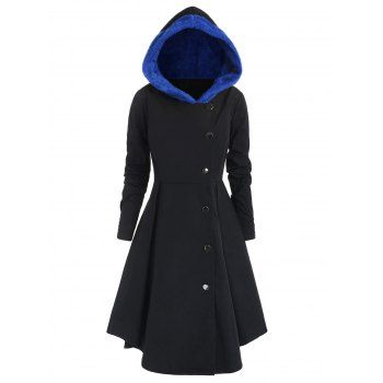 

Plus Size Asymmetric Contrast Hooded Coat Dress, White