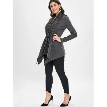 

Open Front Ruffles Belted Cardigan, Gray