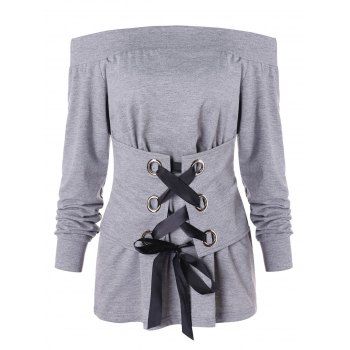

Corset Lace Up Off Shoulder T-shirt, Gray cloud