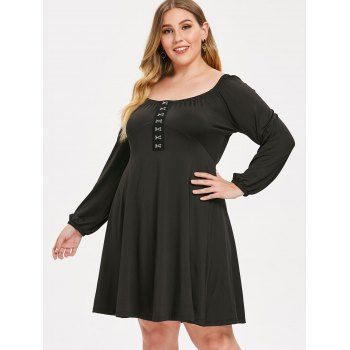 

Buckles Embellished Plus Size Long Sleeve Dress, Black