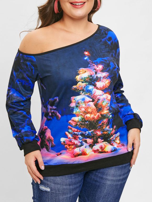 Sweat-shirt Sapin de Noël de Grande Taille à Col Oblique - multicolor 5X