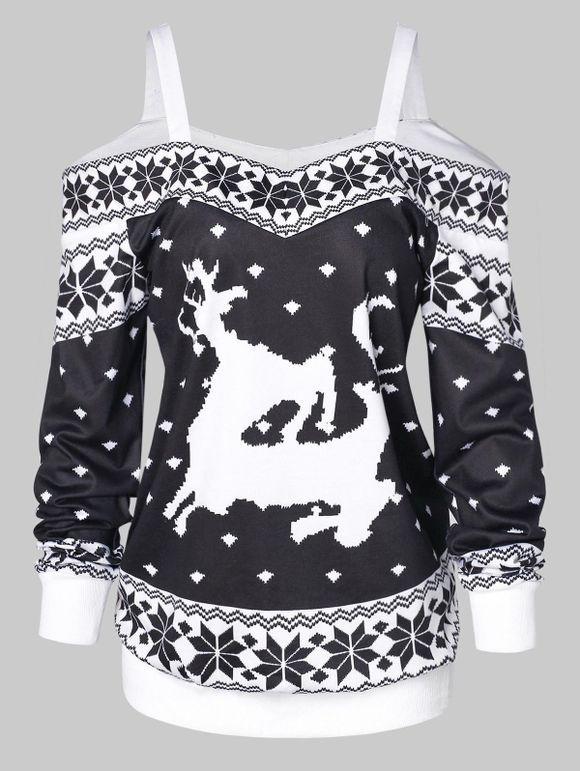 T-shirt de Noël Motif de Flocon de Neige à Epaule Dénudée - Nuit XL