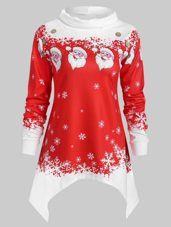 Sweat-shirt Asymétrique Flocon de Neige et Père Noël de Grande Taille - Rouge 2X
