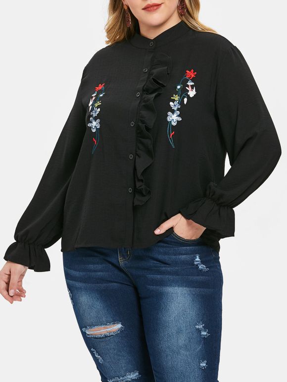 Chemise Haute Basse Fleurie Brodée de Grande Taille à Volants - Noir L