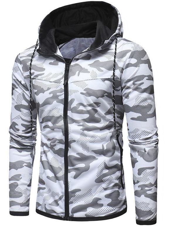 Sweat-Shirt à Capuche avec Cordon de Serrage et Fermeture Éclair Motif Camouflage - Blanc XS
