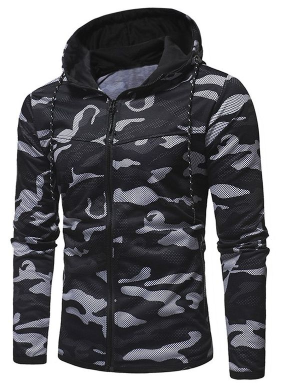 Sweat-Shirt à Capuche avec Cordon de Serrage et Fermeture Éclair Motif Camouflage - Noir XS