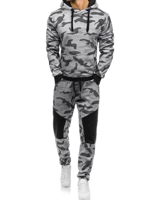 Ensemble Sweat-Shirt à Capuche et Pantalon de Sport en Molleton Motif Camouflage avec Cordon de Serrage - Gris Clair M