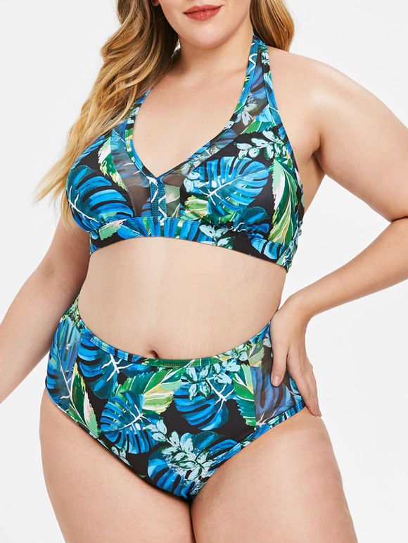 Bikini grande taille à imprimé feuilles tropicales - Vert Clair de Mer 3X