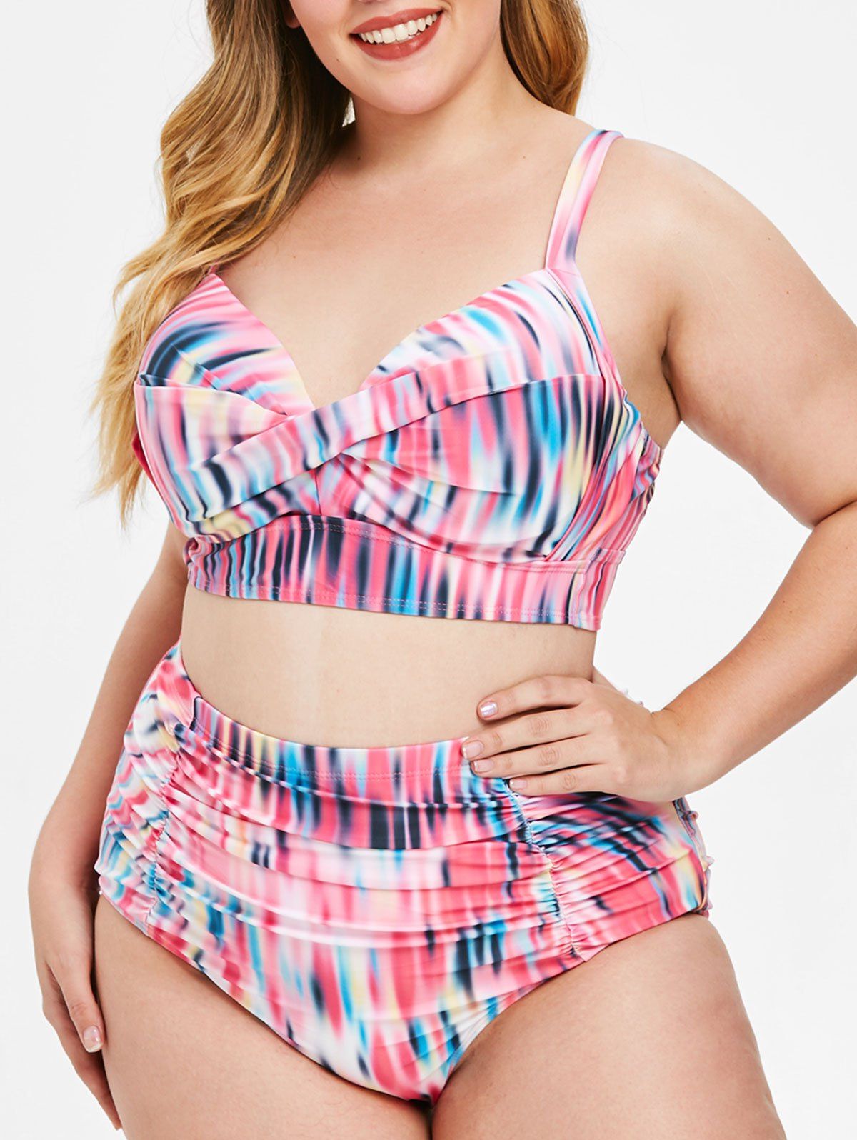 

Plus Size Colorful Print Ruched Bikini, Multi
