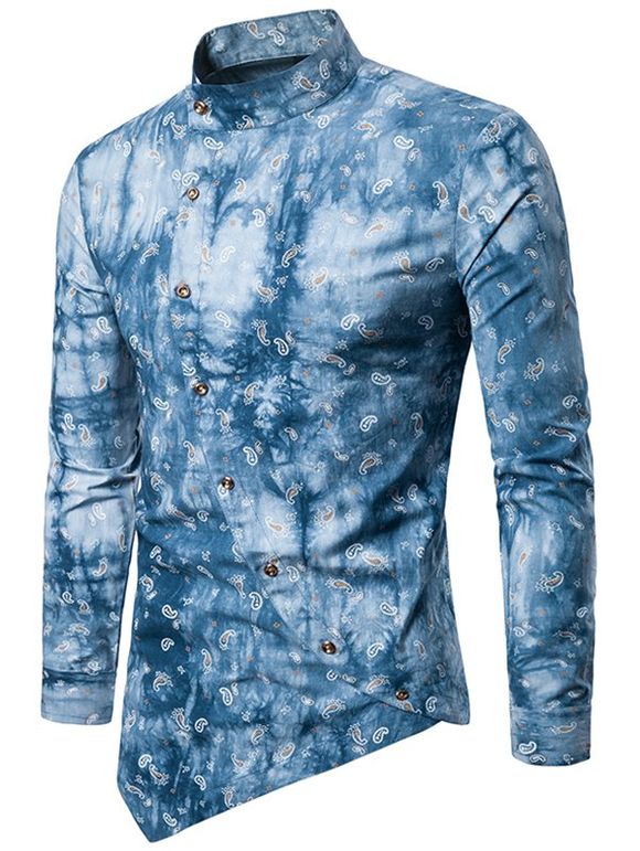 Chemise à Col Montant Boutons en Biais et à Imprimé Cachemire - Bleu clair 2XL