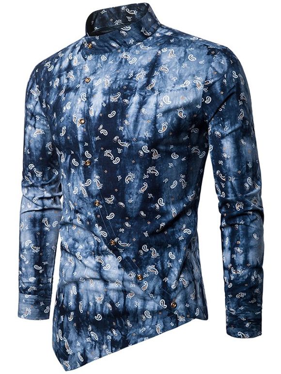 Chemise à Col Montant Boutons en Biais et à Imprimé Cachemire - Bleu profond XL