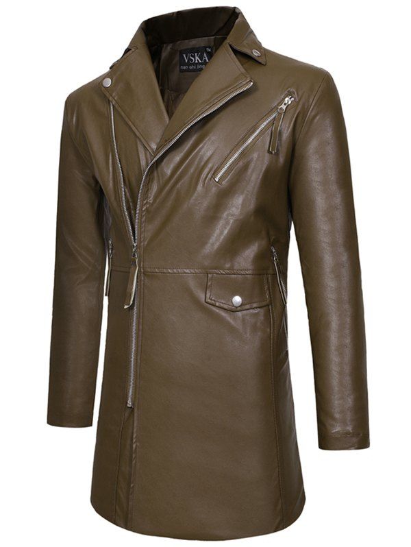 Solid Zipper Up Pocket PU Trench Coat - COFFEE XS