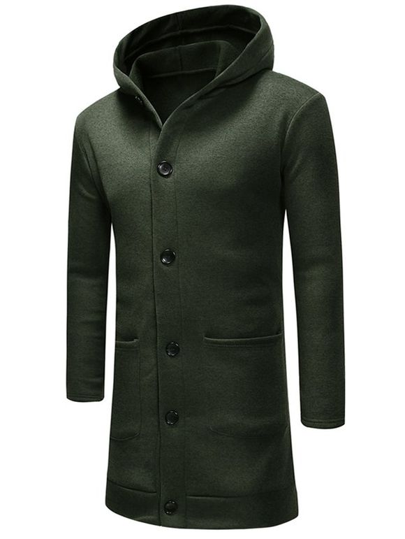 Manteau à Capuche en Couleur Unie avec Simple Boutonnage - Vert Forêt Noire 3XL