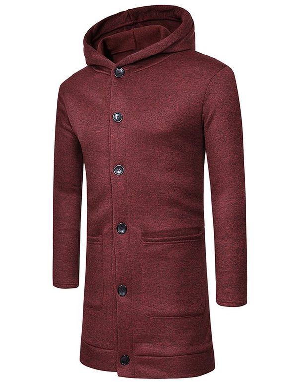 Manteau à Capuche en Couleur Unie avec Simple Boutonnage - Rouge Vineux 3XL