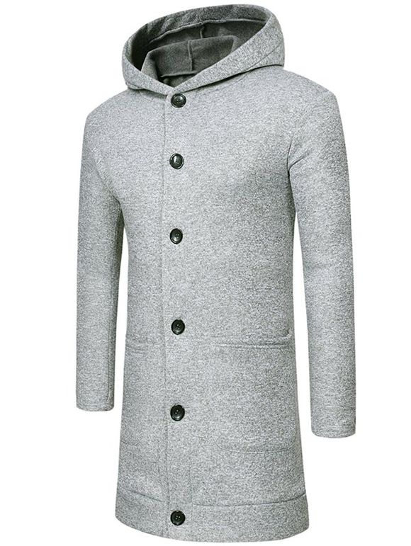 Manteau à Capuche en Couleur Unie avec Simple Boutonnage - Gris Clair 2XL