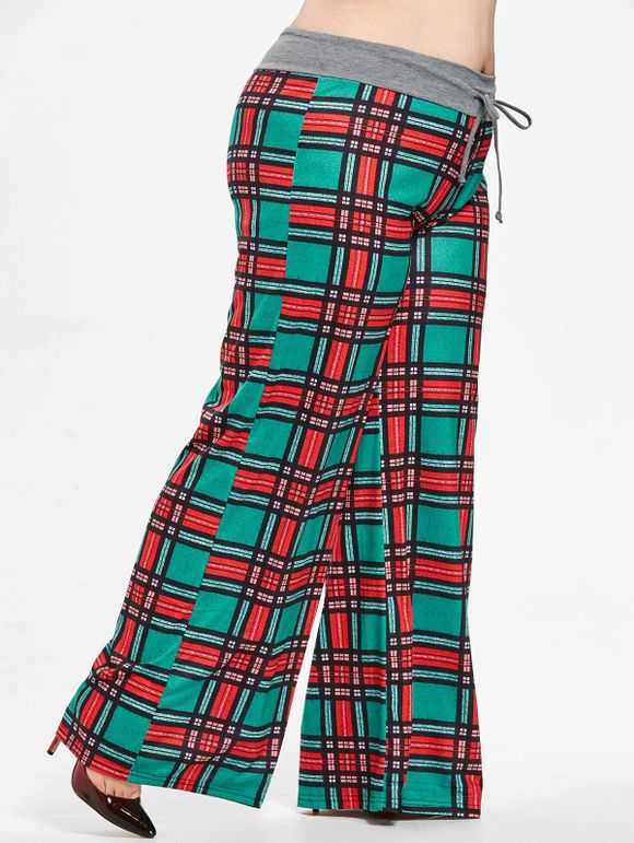 Pantalon à Carreaux Jambe Large Taille à Cordon de Grande Taille - Vert 1X